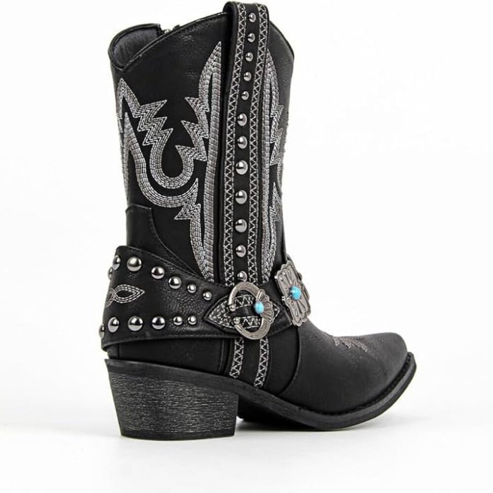 Women's Black Ankle High Embroidery Pointed Toe Cowgirl Boots Rodeo Country - Picture 4 of 4